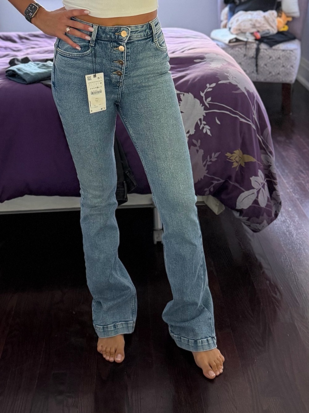 Zara Light Blue High-Rise Flare Jeans with Button Fly